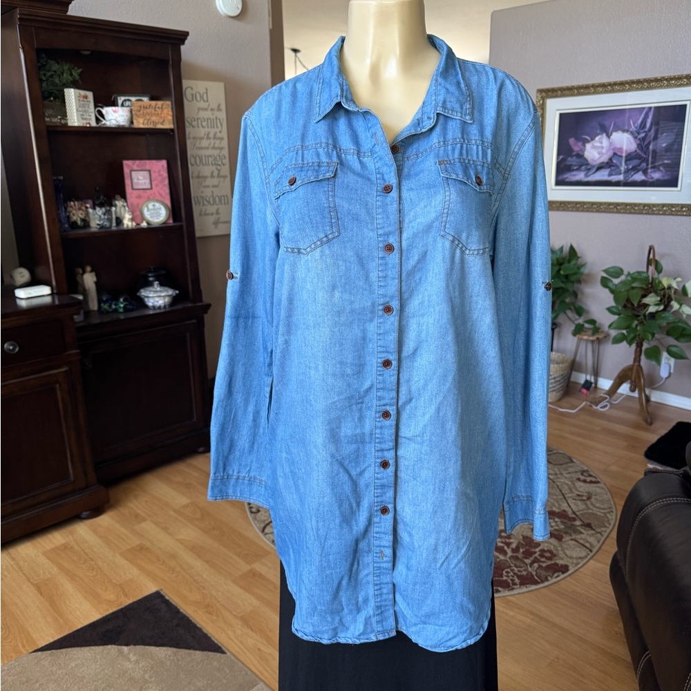 Emma Jeans blue denim long roll tab sleeves button up shirt-size L